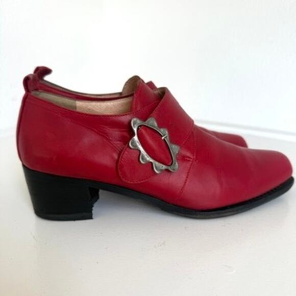 Osvaldo Pericoli Buckle Heels Red Leather Slip On Western 38 Italy Vintage 7.5 - Picture 2 of 6